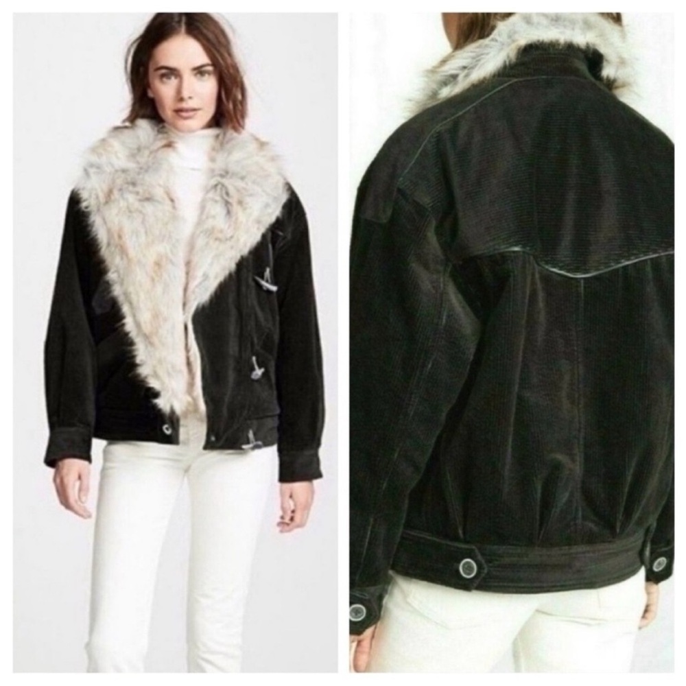 Free People Jacket Womens S Green Corduroy Faux Fur Trim Bohemian‎ Statement